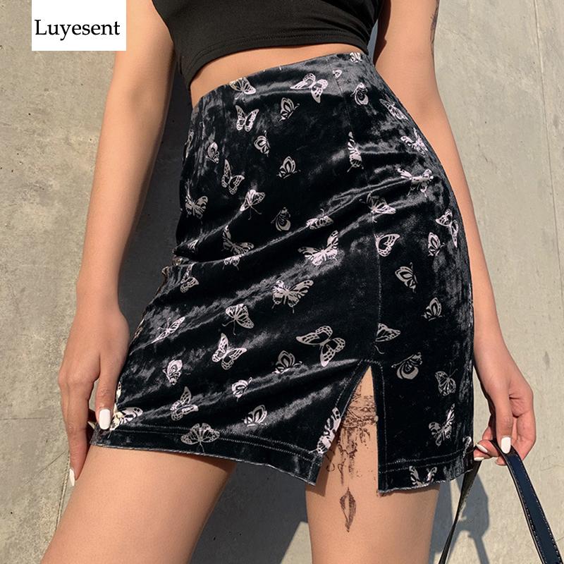 

Skirts Black Dark Goth Women Chinese Style Mini 2021 Lady Empire Butterfly Print Split Hip Velvet Gothic Punk Hipster Chic Skirt