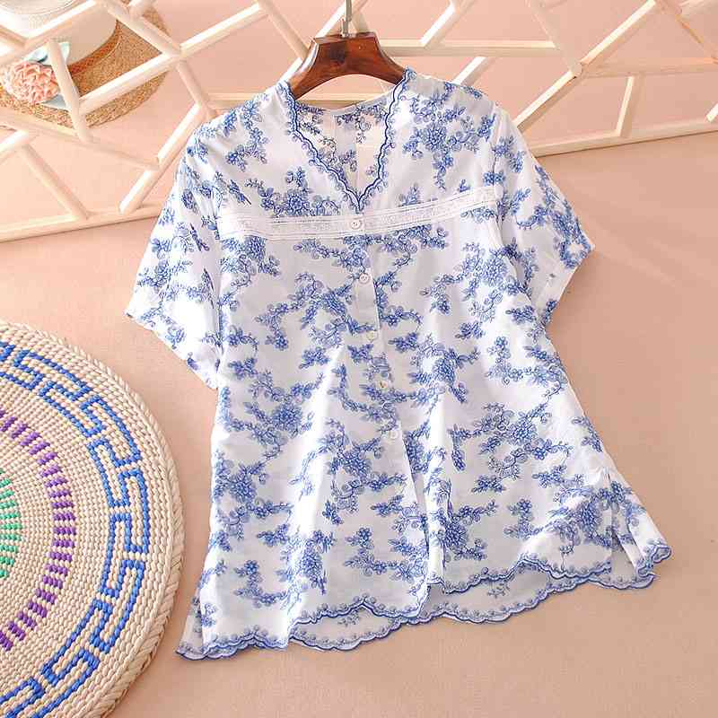 

VANOVICH Short Sleeve Summer Fashion Cotton Blouses and Tops Woen Sweet Wild V-neck Women Clothing 210615, White