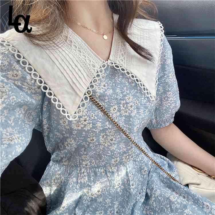 

Women Summer Short Sleeve Blue Elegant A-line Dress Ladys Vintage Ruffle Print Peter Pan Collar Sweet Beach Vestido 210519