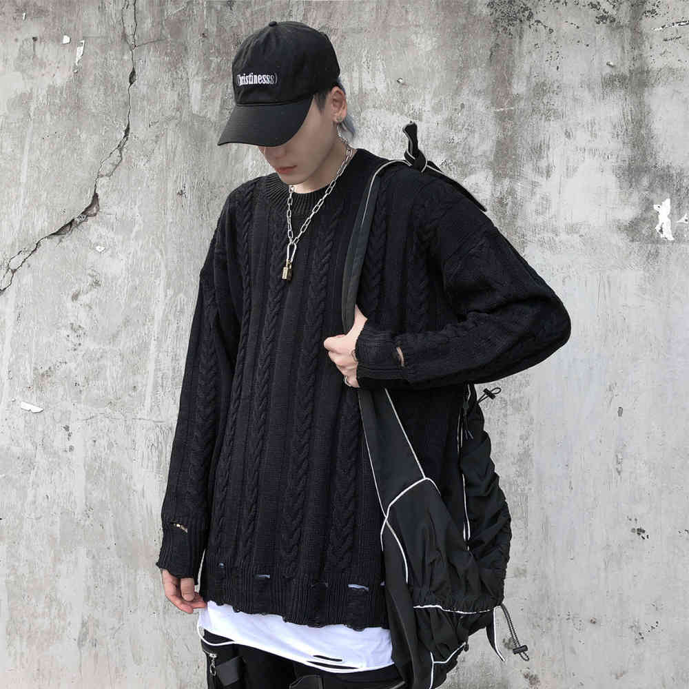 

sweater knit solid color simple wind hem hole twist men's fashion brand loose round neck pullover, White;black