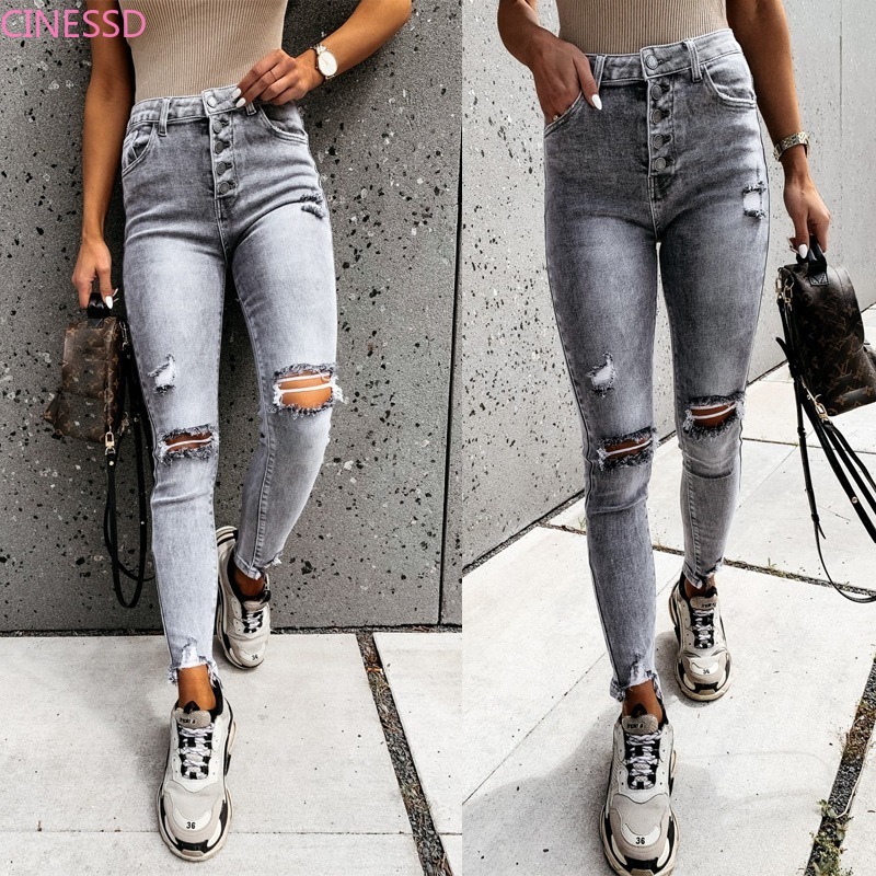 

Stylish gray Skinny Jeans Women Streetwear High Waist Ripped Holes Pencil Jeans Stretchable Female Jeans 2021 women pants