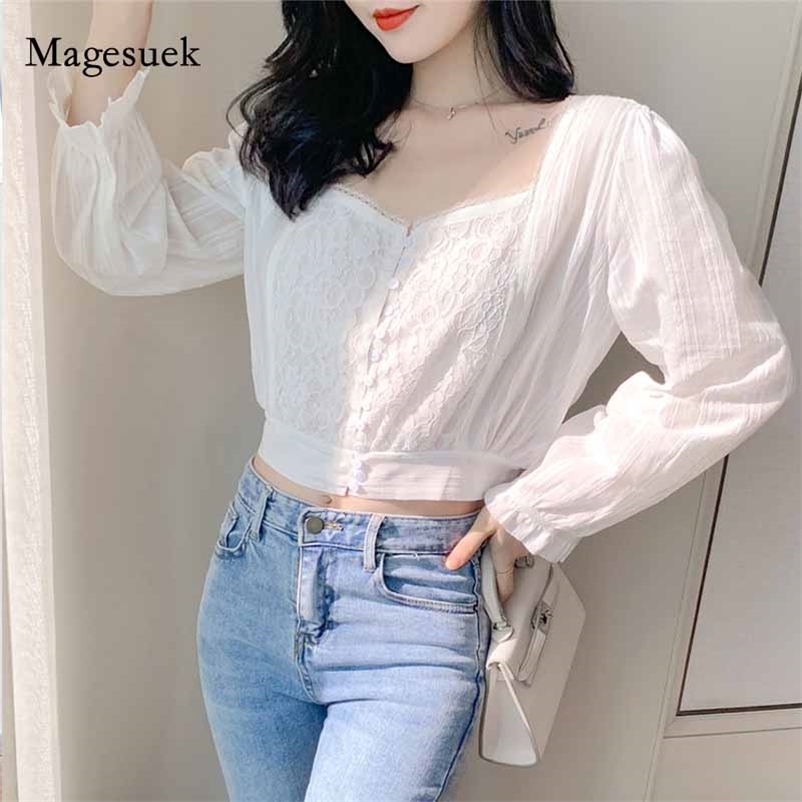 

Square Collar White Chiffon Autumn French Blouse Waist Puff Long Sleeve Women Lace Stitching Woman' Shirt 10848 210518