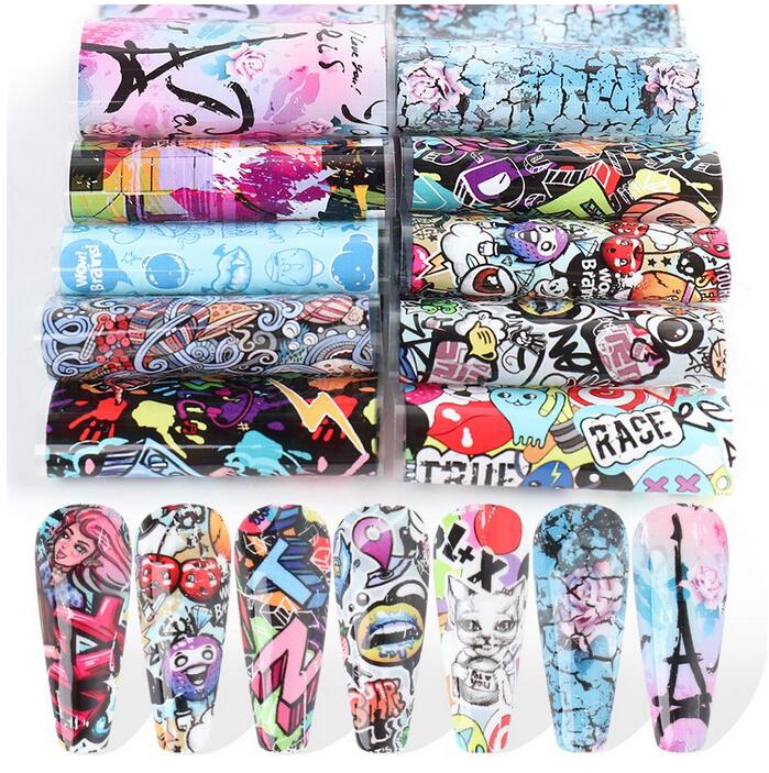 

10pcs/lot Colorful Scrawl Nail Stickers Nails Art Transfer Foil Cool Painting Flower Adhesive Wraps Decal Manicure Accessories, As pic
