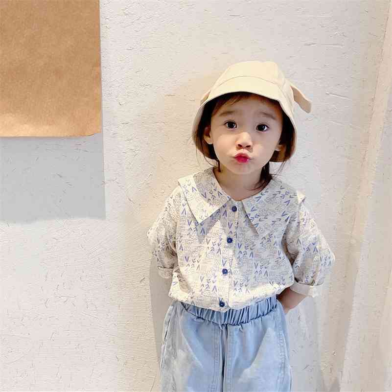 

Spring Autumn floral printing loose cotton linen shirts Girls cute turn-down collar wide shirt 210708, Beige