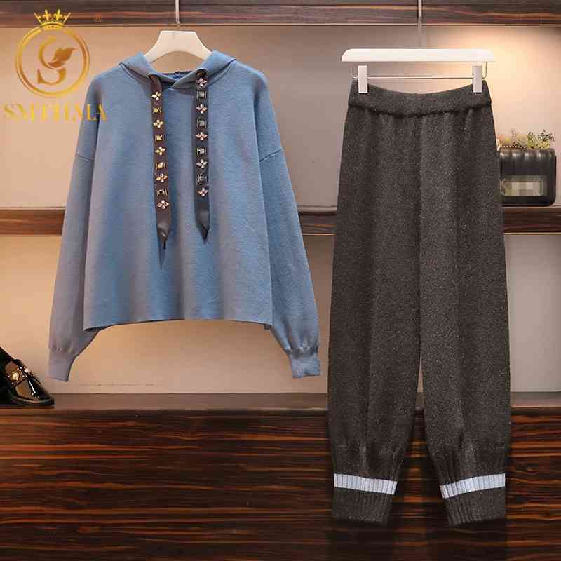 

Autumn And Winter 2 Piece Set Women's Long Sleeve diamond Hoodies Tops and Knitted Pant Suits Tracksuit Sets Casual Female 210520, Photo color