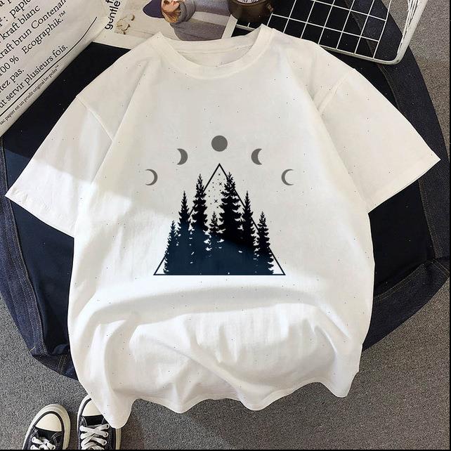 

funny dark forest cartoon graphic women t shirt printed harajuku korean style short sleeves clothes summer, White
