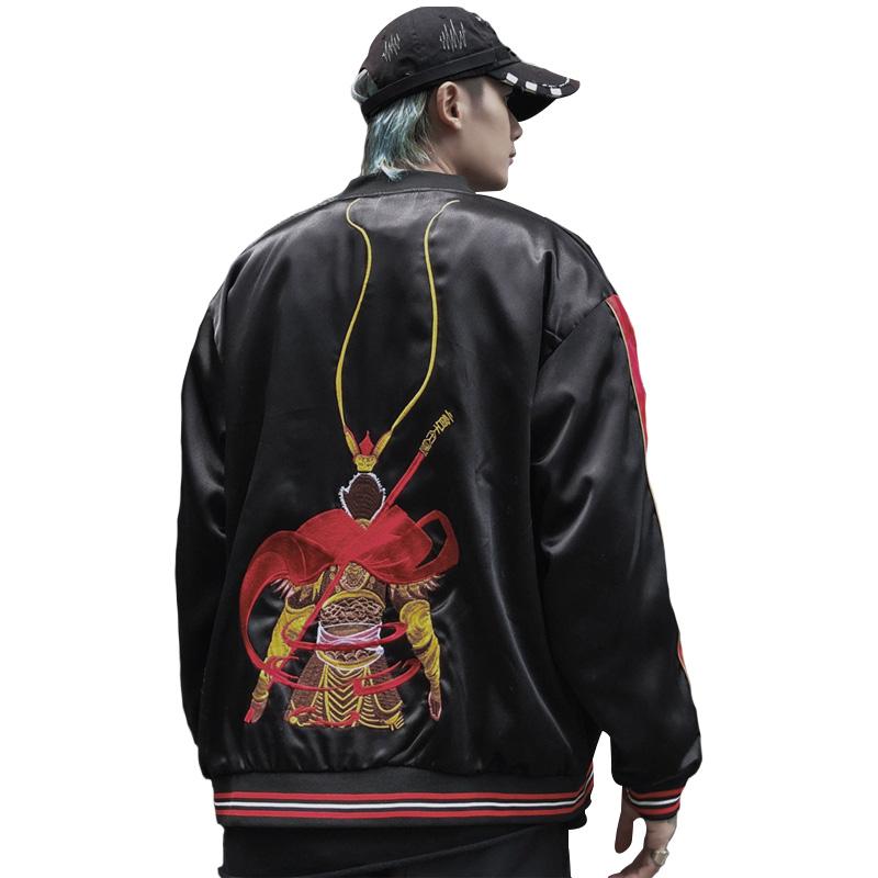 

Luxury Monkey King Sun Wukong Embroiderey Jackets Smooth Men Spring And Autumn Loose Baseball Jacket Casual Coats, Black