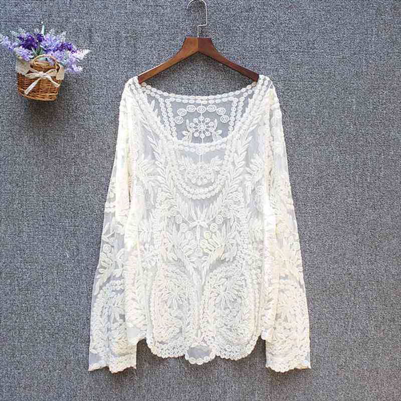

Plus Size Tops Ladies Spring Summer Sexy Transparent Beach Cover Up Hollow Out Crochet Lace Shirt Long Sleeve Lace Blouses, White