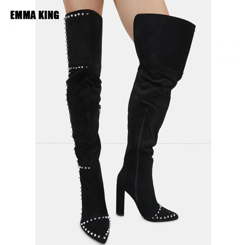 

Boots 2021 Spring Woman Over The Knee Sexy Square High Heel Stiletto Fashion Rivets Suede Oversized Boot Shoes 35-44, Black