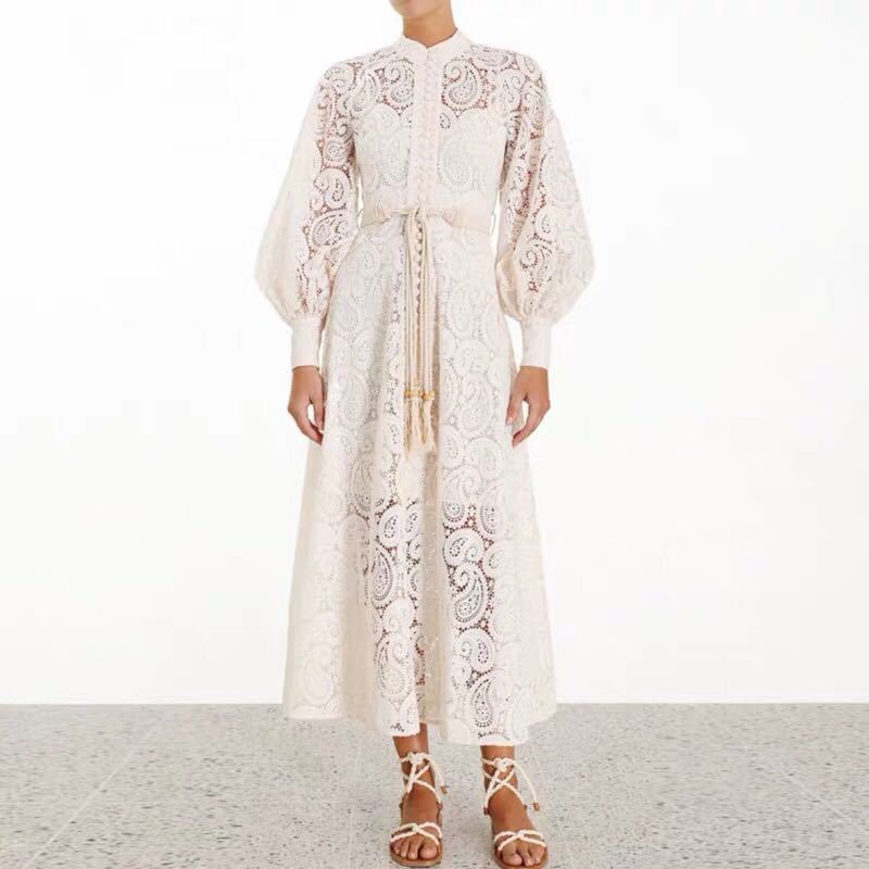 

Runway Dresses 2020 Women High Quality Lace Hollow Out Stand Collar Lantern Sleeve Long Dress New Women's Party Dress S-XL, Black;gray