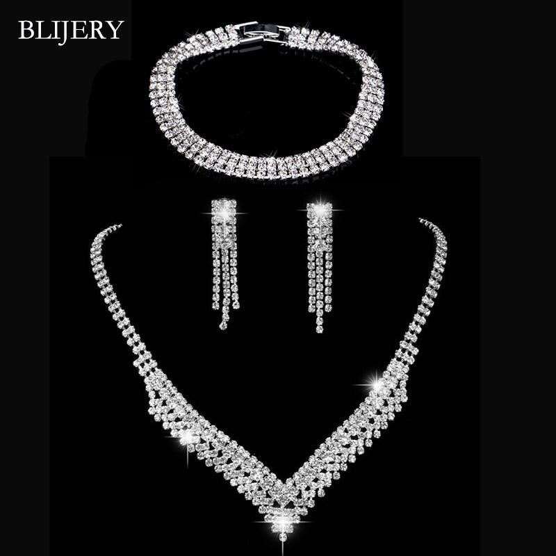 

Earrings & Necklace BLIJERY Fashion Silver Plated Crystal Bridal Wedding Jewelry Sets Choker Bracelet For Women Accessories, As pic