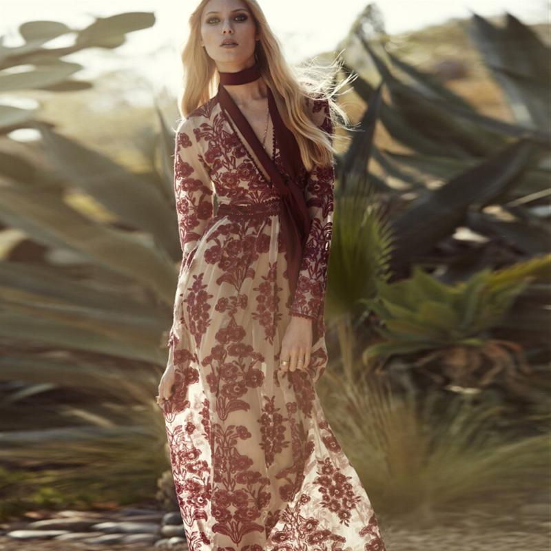 

Casual Dresses 2021 Est Sexy V Neck Embroidery Long Women High Waist See Through Mesh Beach Bohemian Holiday Vestidos, Sky blue