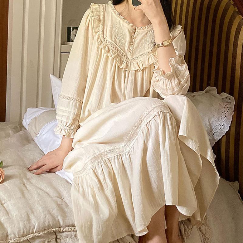

Women' Sleepwear Pure Cotton Vintage Nightgowns Women Autumn Robe Nightie Long Night Dress Wear Victorian Romantic Princess Nightdress, Beige
