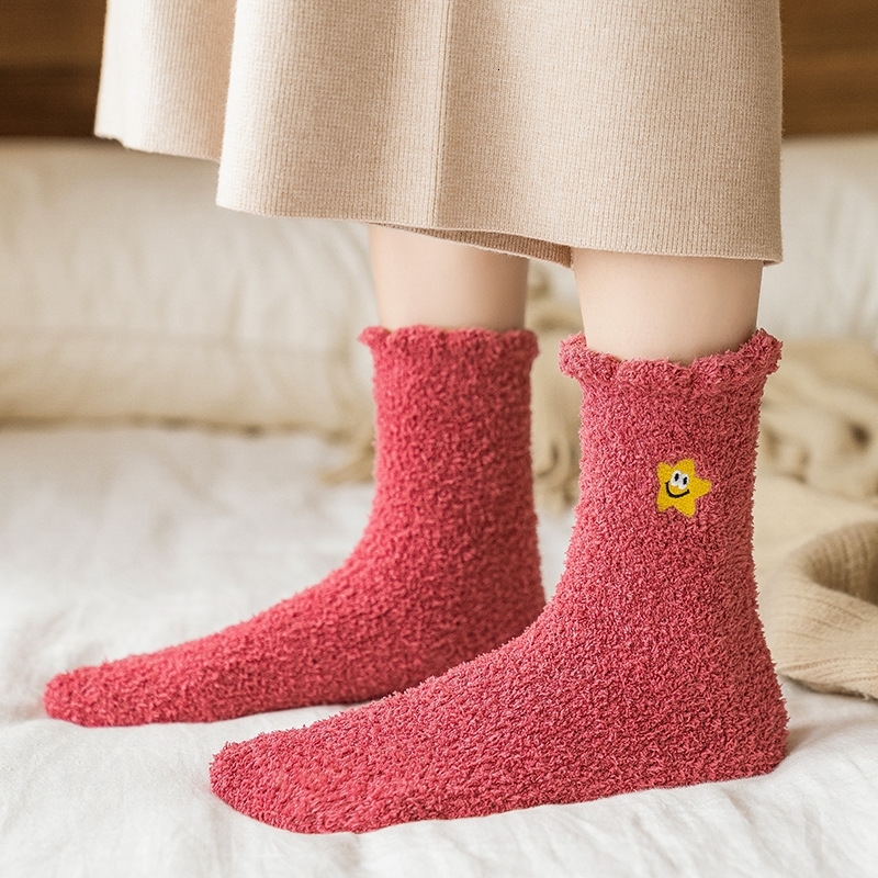 Coral velvet embroidered star smiling face socks children's middle tube household floor thickened warm adult sleep in autumn and-image-736424184