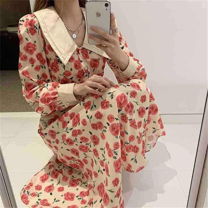 

Large Size V-Neck Printed Florals Stylish Women Streetwear Female A-Line Slim All Match Long Dresses 210525, Photo color