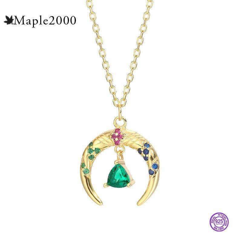 

Moon Vintage Green Zircon Pendant Necklace 925 Sterling Silver For Women Jewelry Personality Sliding Women's Chains