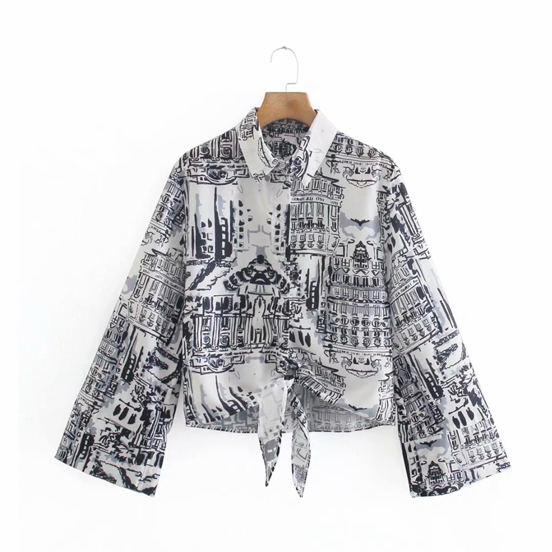 

Fashion Flare Sleeve Printed Bow Blouse Elegant Turn Down Collar Slim Shirts Women Casual Streetwear Tops 210525, Black