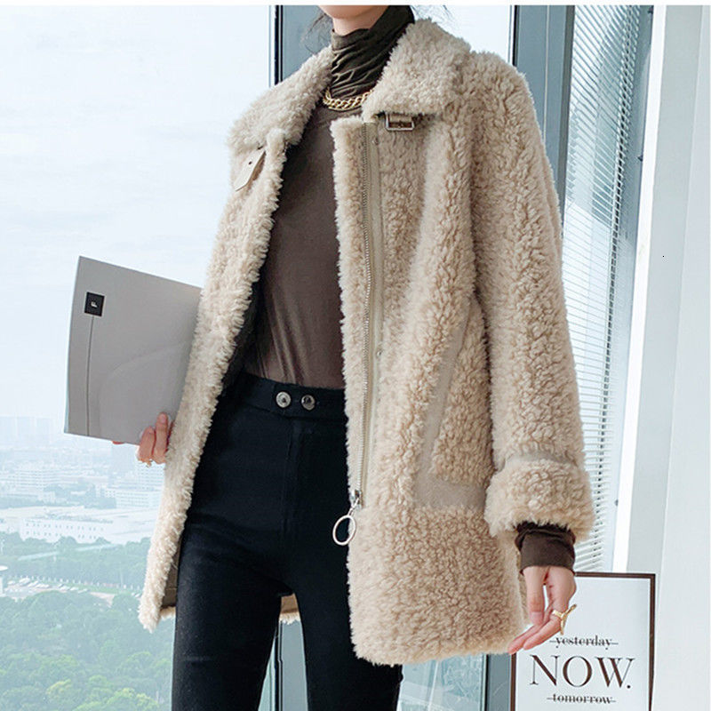 

women's fur & faux wool sheep shearing coat winter outwear granular fleece lamb female pocket zipper ladies plush bu5j, Black