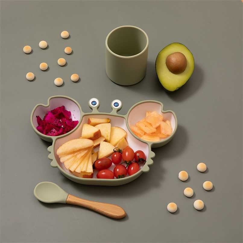 Sub-grid Silicone Sucker Tableware For Baby Cartoon Crab Anti-fall Dinner Plate Infant Kids Supplementary Food Bowl Soft Dishes 211027-image-735566156