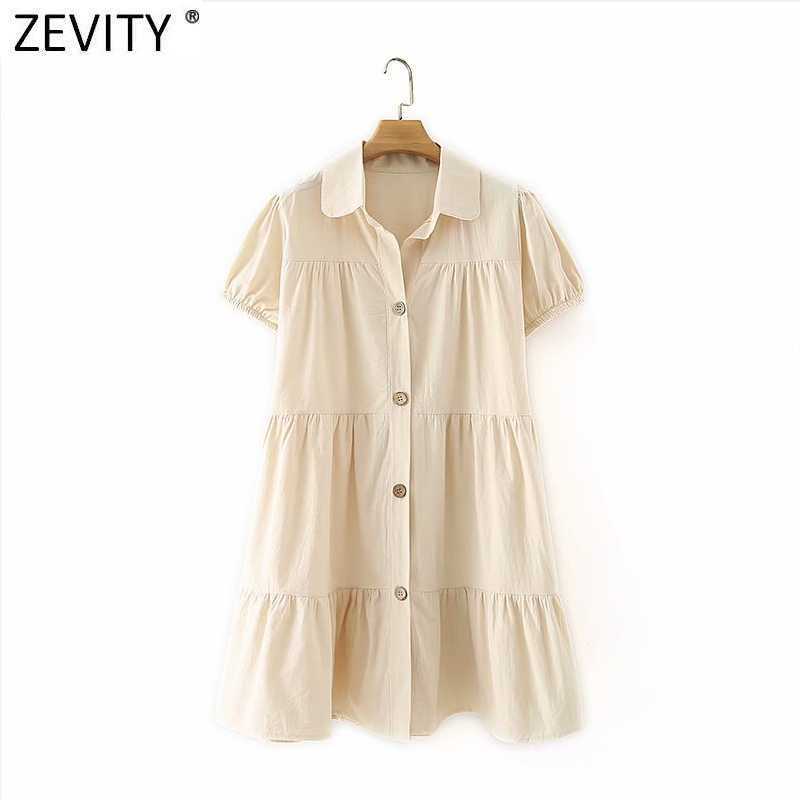 

Zevity Women Fashion Puff Sleeve Solid Breasted Pleats Mini Dress Female Casual Business Vestido Chic Shirt Dresses DS5082 210603, As pic ds5082fxjc
