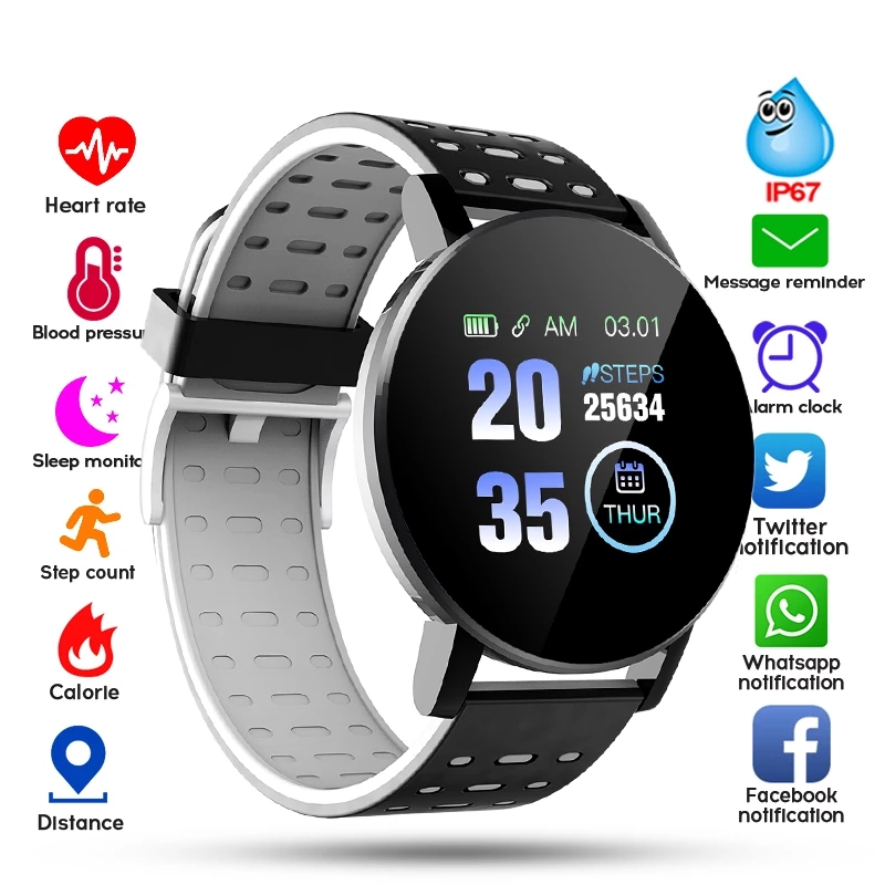 

2021 119 Plus Smart Watch Men Women Blood Pressure Waterproof Sport Round Smartwatch Smart Clock Fitness Tracker For Android IOSg, Black