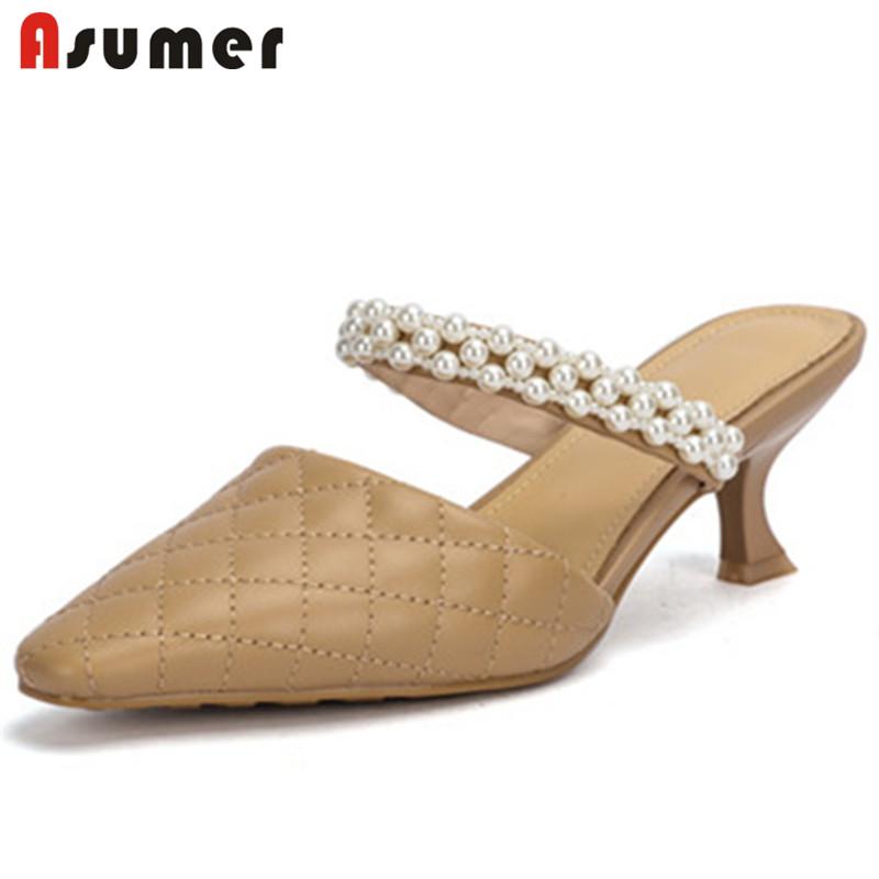 

Dress Shoes Asumer 2021 Big Size 41 Mules Women Sandals Genuine Leather Footwear Pearl Thin Heel Party Wedding Ladies Black