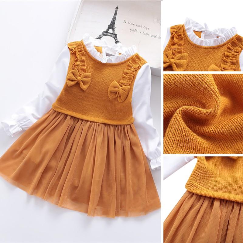 

Girl's Dresses Kids Dress Spring Autumn Girls Cute Mesh Stitching Bow Princess Toddler Girl Long-Sleeved Sweet Children Clothing, Red;yellow