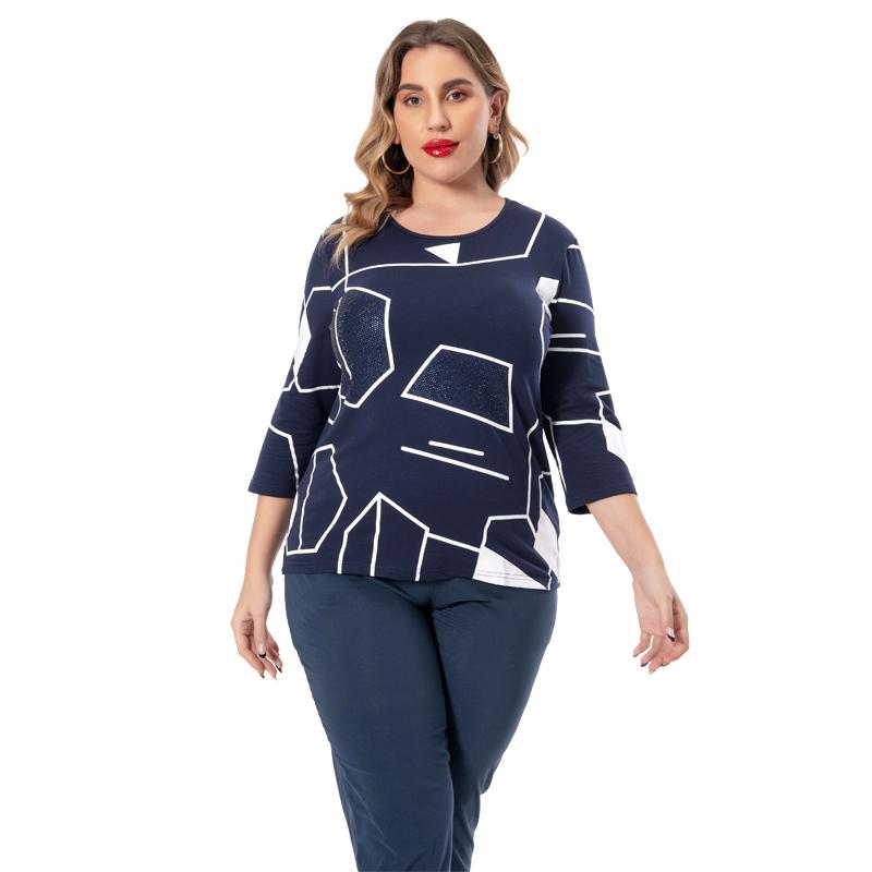 

Plus Size T-Shirt Spring Women Fashion Jacket O Neck For Female Blue Clothing Line Printed Three Quarter Sleeve F9279, Black