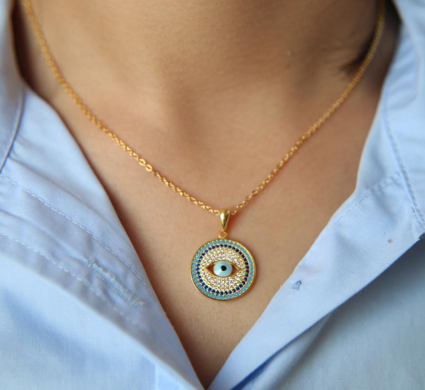 

Color Round Disco Charm Enamel Eye 925 Sterling Silver Fine Jewelry Top Quality Full Stone Paved Luxury Lucky Women Necklace Chains