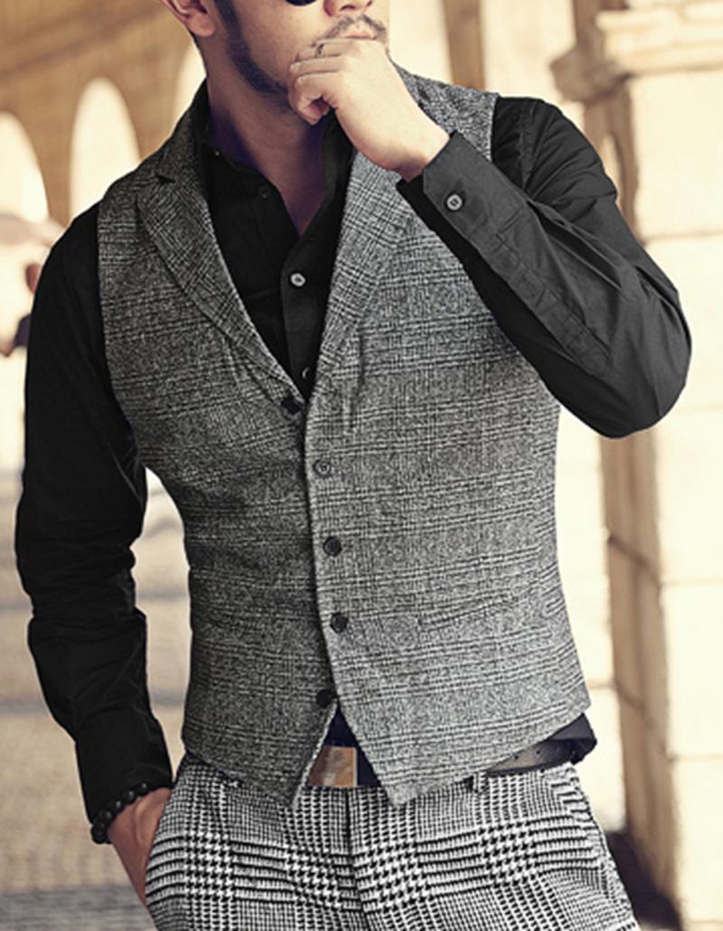 

Men's Vests Mens Suit Vest Plaid Neck Wool Grey Single-breasted Slim Fit Waistcoat Casual Formal Business Groomman For Wedding Man