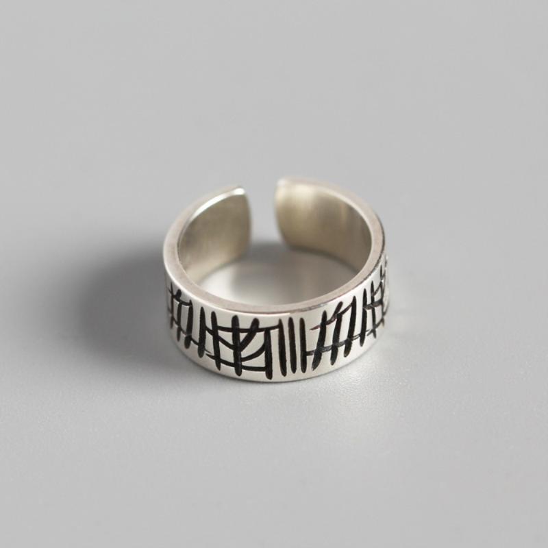 

cluster rings retro personality hipster irregular carving black line oxidized doodle wide pasta finger ring 925 sterling silver band for wom, Golden;silver