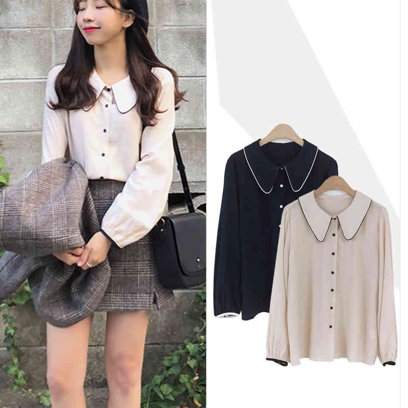 

Cute Sweet Tops Women Preppy Korean Style Long Sleeve Temperament Lady Girls Button Peter Pan Collar Shirt Blouse Corduroy Top 210429, Beige