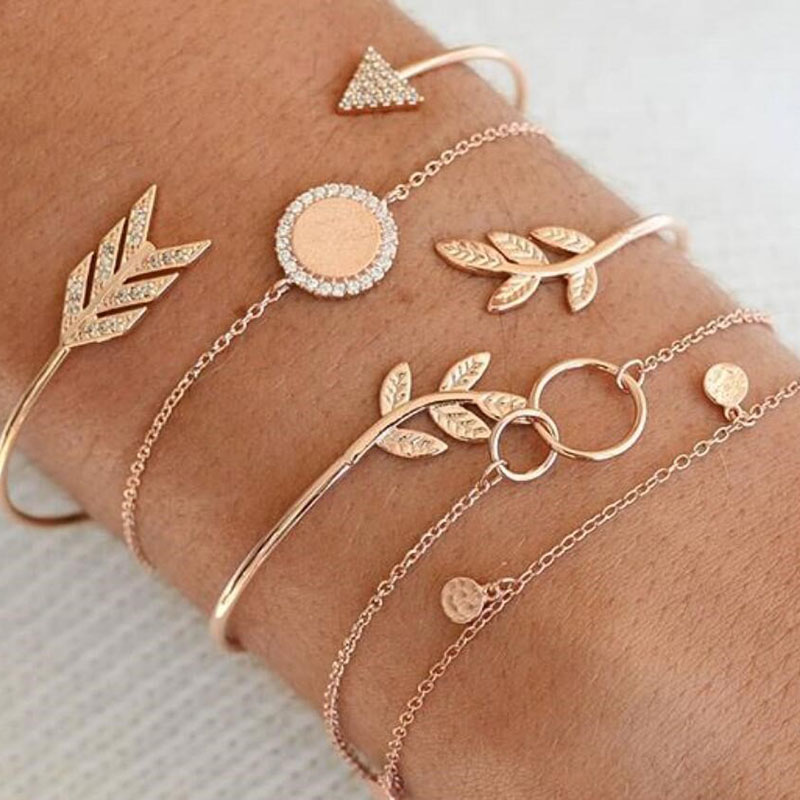

5 Pcs/Set Gold Link Chain Crystal Leaf Arrow Charm Bracelet for Women Knot Moon Cuff Bracelet Bangle Set Girls Braclets 2019 New