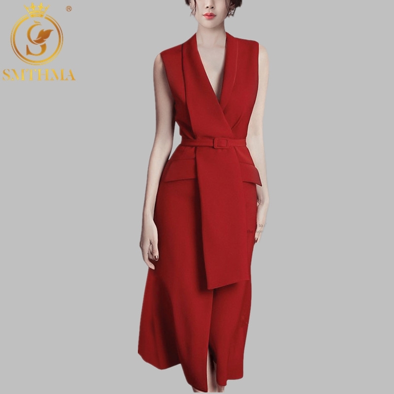 

High Quality OL Ladies -end Red Notched neck Sleeveless Blazer Dress Vintage Waist Party vestidos 210520, Photo color