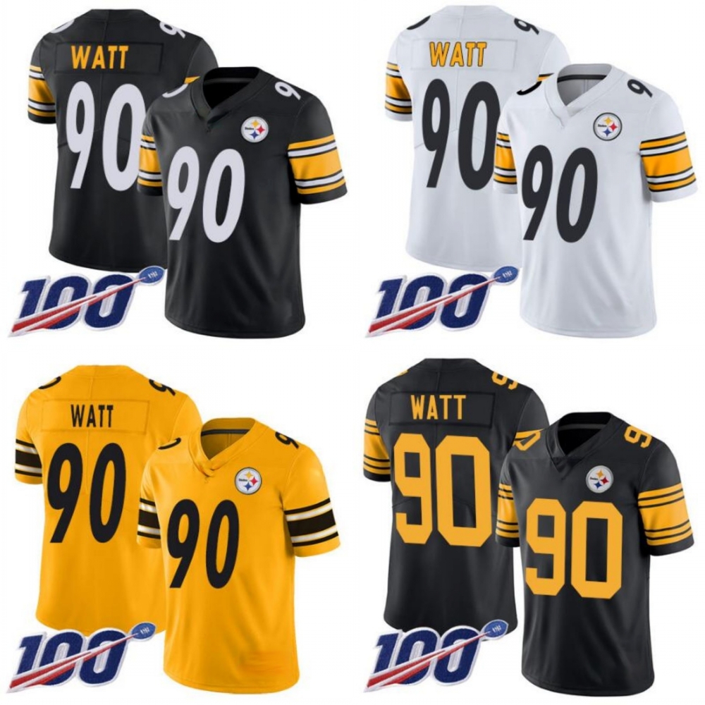 

Pittsburgh Steelers Men #90 T. J. Watt Women Youth 100th Jersey, Black;red