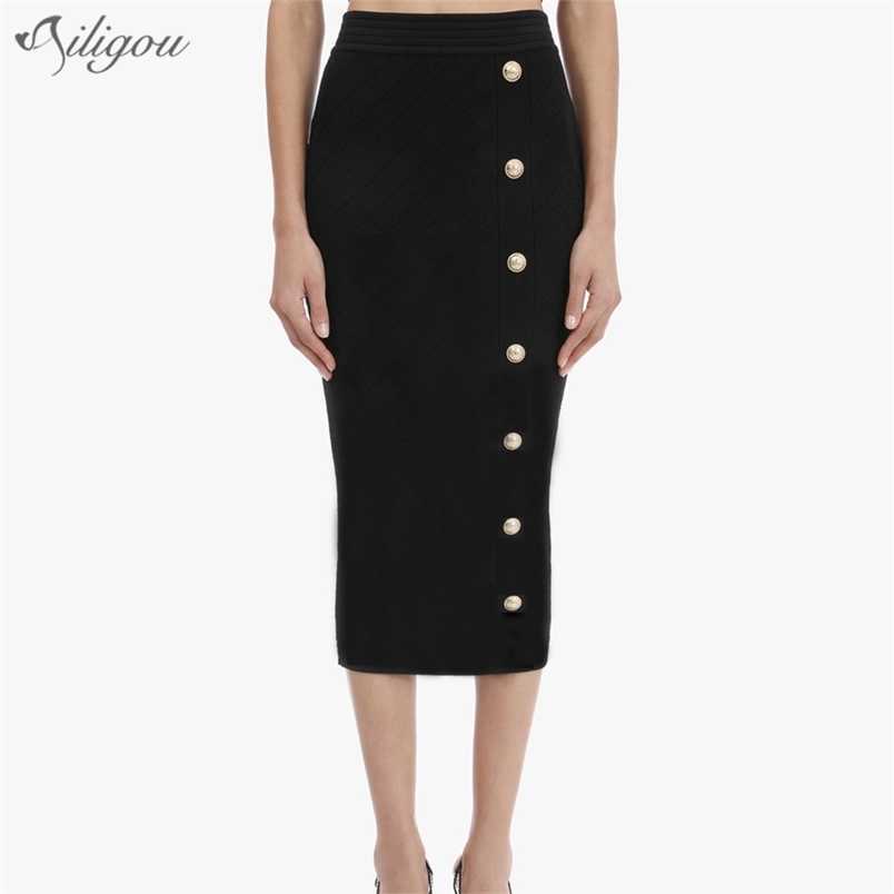 

Women's High Quality Black Bodycon Botton Rayon Bandage Skirt Sexy Celebrity Club Party Pencil 210525