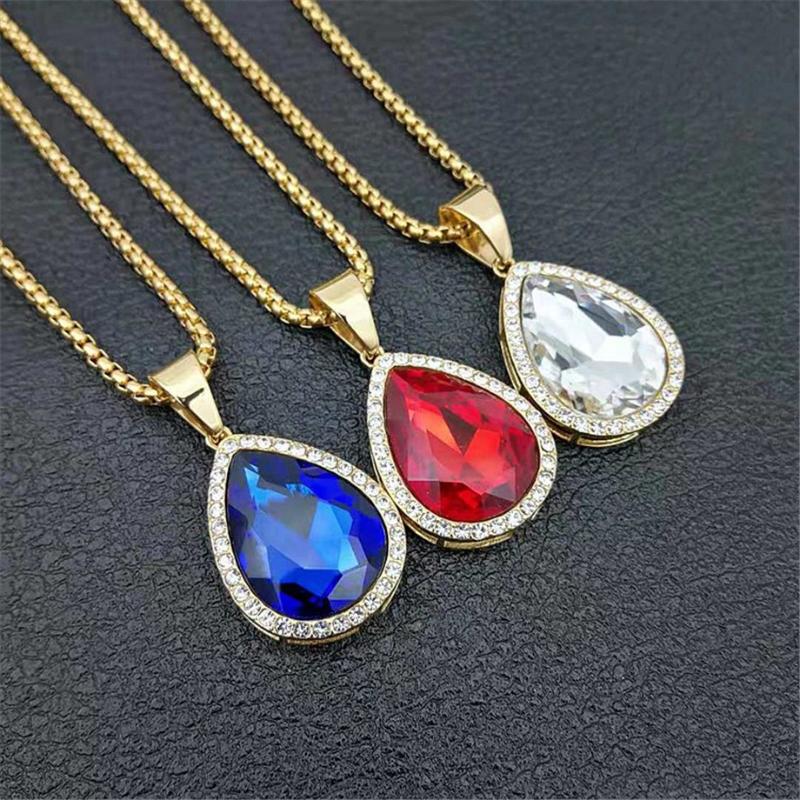 

Pendant Necklaces Hip Hop Iced Out Rhinestone Water Drop With Stainless Steel Chain Golden Necklace For Women/Men Jewelry