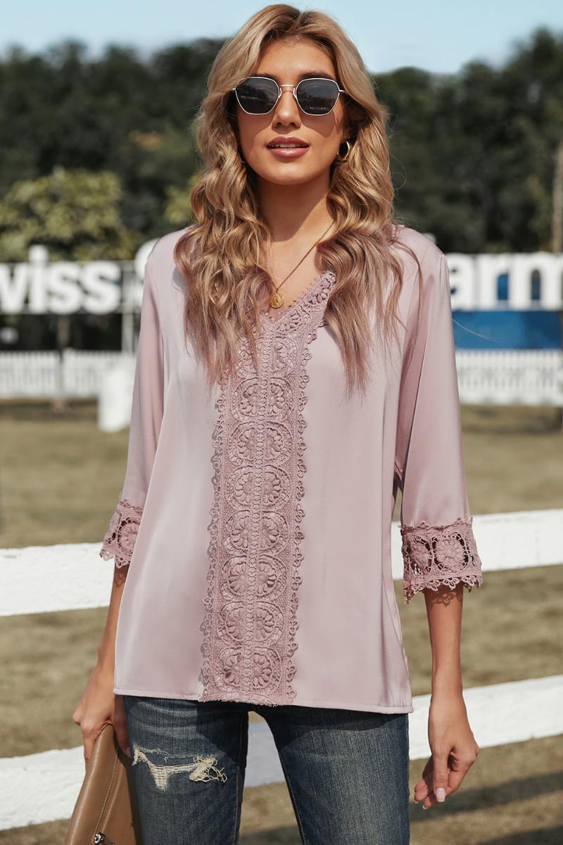 

Women's Blouses & Shirts Pink 3/4 Sleeves Crochet Detail V Neck Blouse Tops For Women Lace Patchwork
