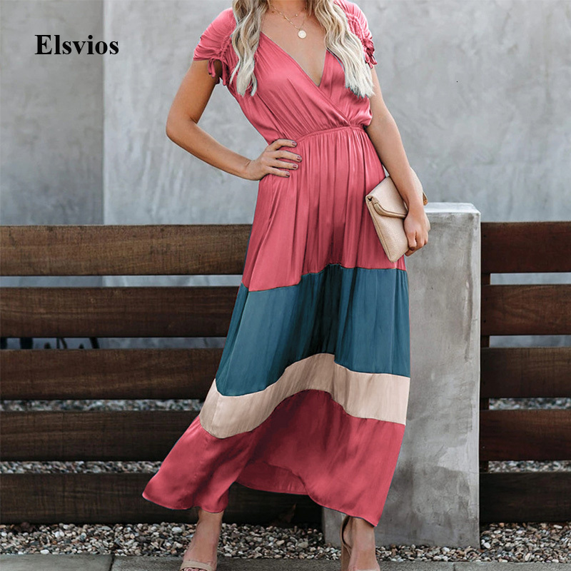 

Casual Dresses Women Sexy Deep V-Neck Long Elegant Summer Drawstring Short Sleeve Party Fashion Chic Hollow Out Maxi Vestidos DS9U, 02 light blue