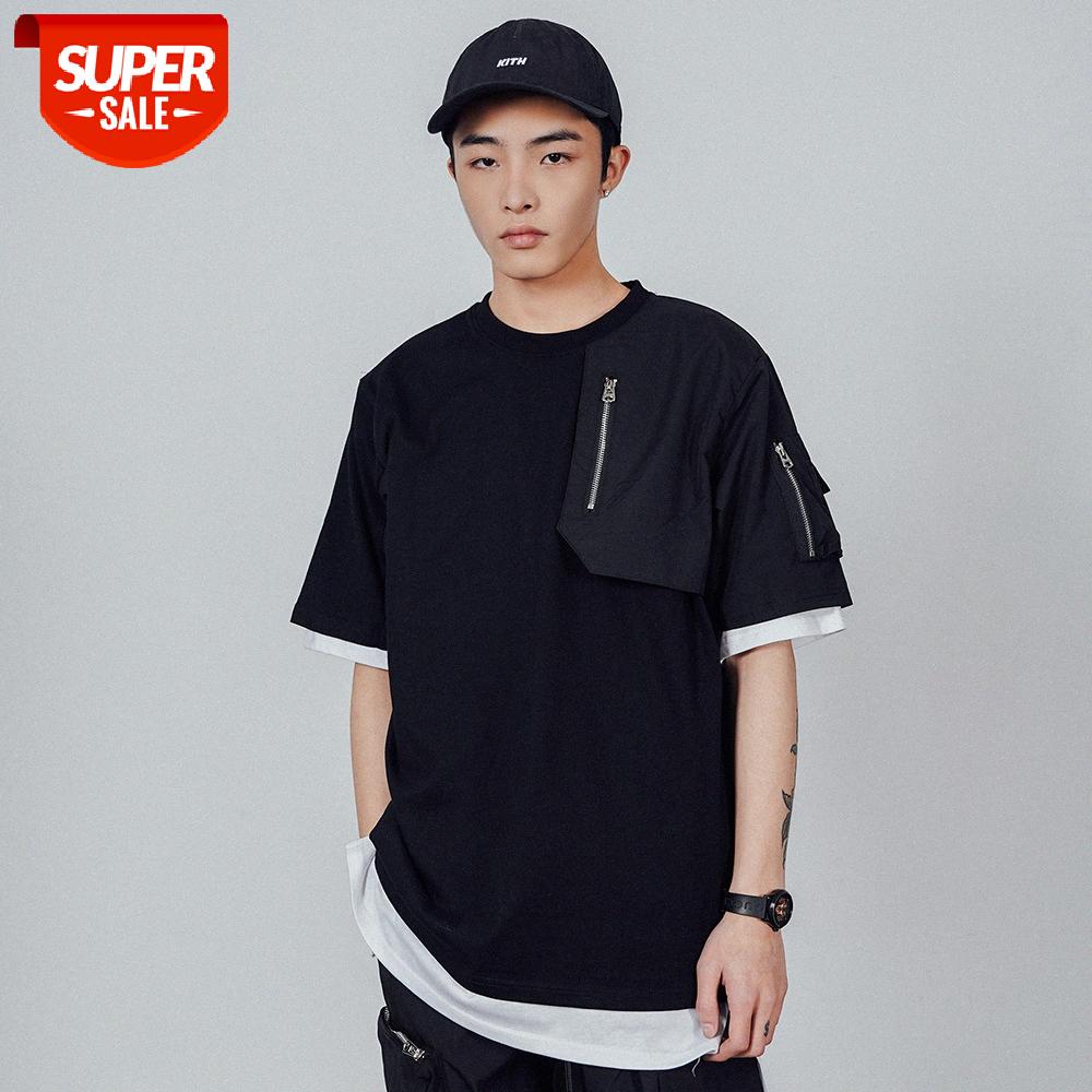 

Zipper decoration stitching pocket short-sleeved T-shirt men's street flow loose half-sleeved round neck five-point sleeves #xN6v, White;black