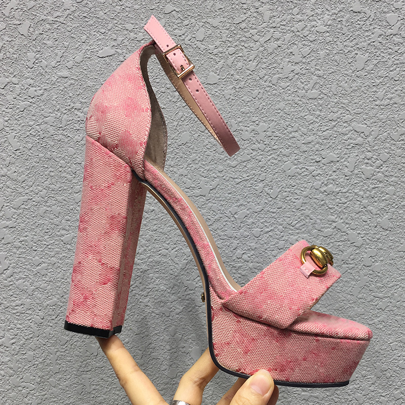 

summer High quality Fashion women sandals Printing Denim Buckle Strap 13CM heels Shoe Platform Slides chunky Heel with box womens Shoes sand, Black