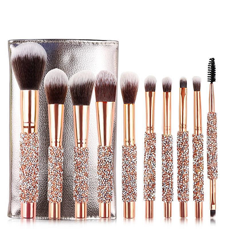 

Diamond-studded 10 pcs Brush Set with Pink PU Bag,Wooden Handle Foundation Powder Eyeline Flat Cosmetic for Women Girls Birthday Gift