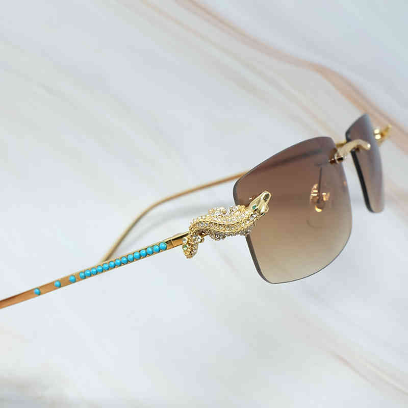 

Factory Direct Price Luxury Golden Rimless Frame Rhinestone Sunglass Women Blue Diamond Men