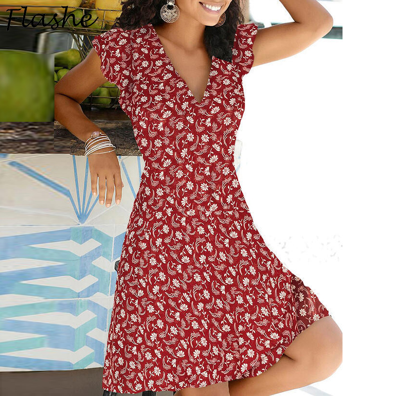 

2021 Spring Summer Vintage Party Dress V Neck Elegant Sexy Dress Boho Beach Female Floral Print Dresses For Women Clothes, Black