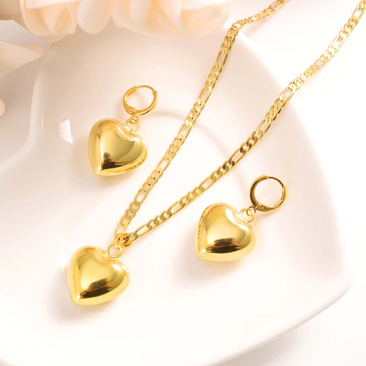 Earring Pendant Set 14 k Solid G/F Gold Ltalian Figaro Link Chain Necklace love heart crown Jewelry Sets bridal party charms-image-676131486