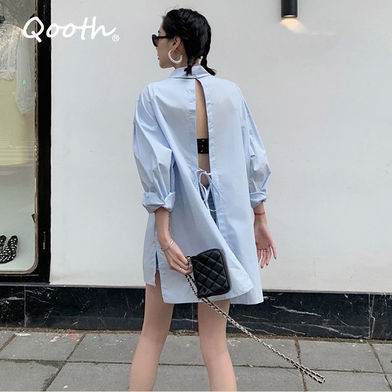 

Qooth Korean Style Summer Women Blouse Cotton Tops Open Back Loose Shirt Designer Lantern Sleeve Long Shirts QT097 210518, Blue