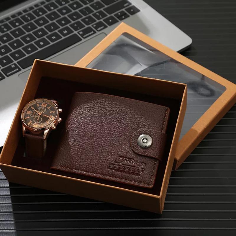 

Wristwatches 2021 High Quality Men Watch Gift Set Quartz Wrist Folding Clasp Leather Wallet For Boyfriend And Father Gifts, Brown sets