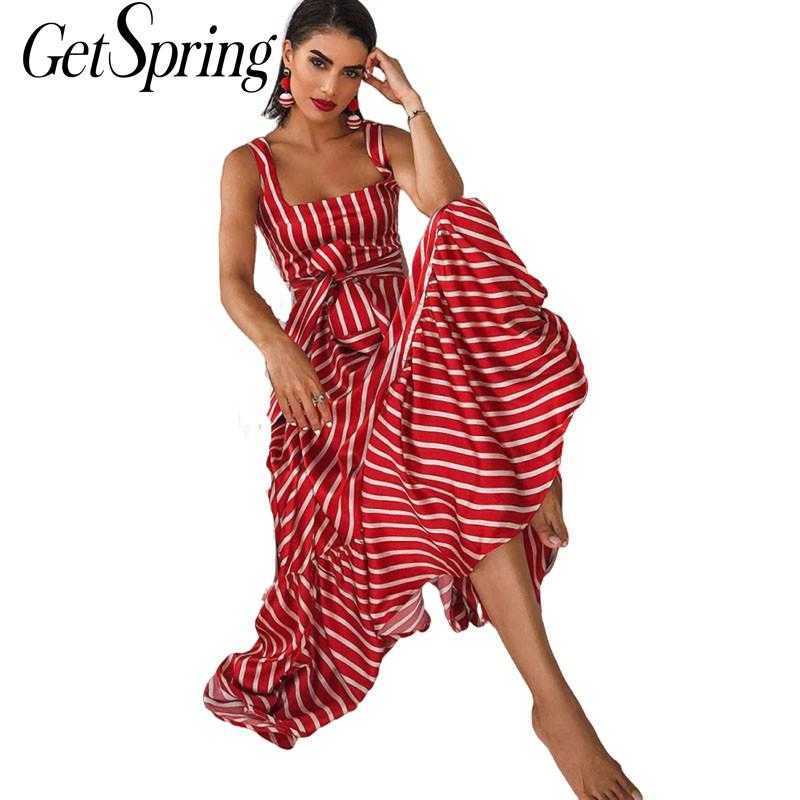 

GETSPRING Women Dress Striped summer beach dress Bohemia Sexy Long Maxi es Bow Lace Up Ruffles Summer 210601, Red