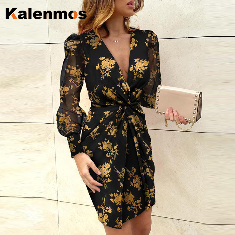

Kalenmos Rose Party Dress Women Floral Print Puff Shoulder Leopard Summer V-ne Twist Hollow Out Mesh Long Sleeve Mini Vestidos