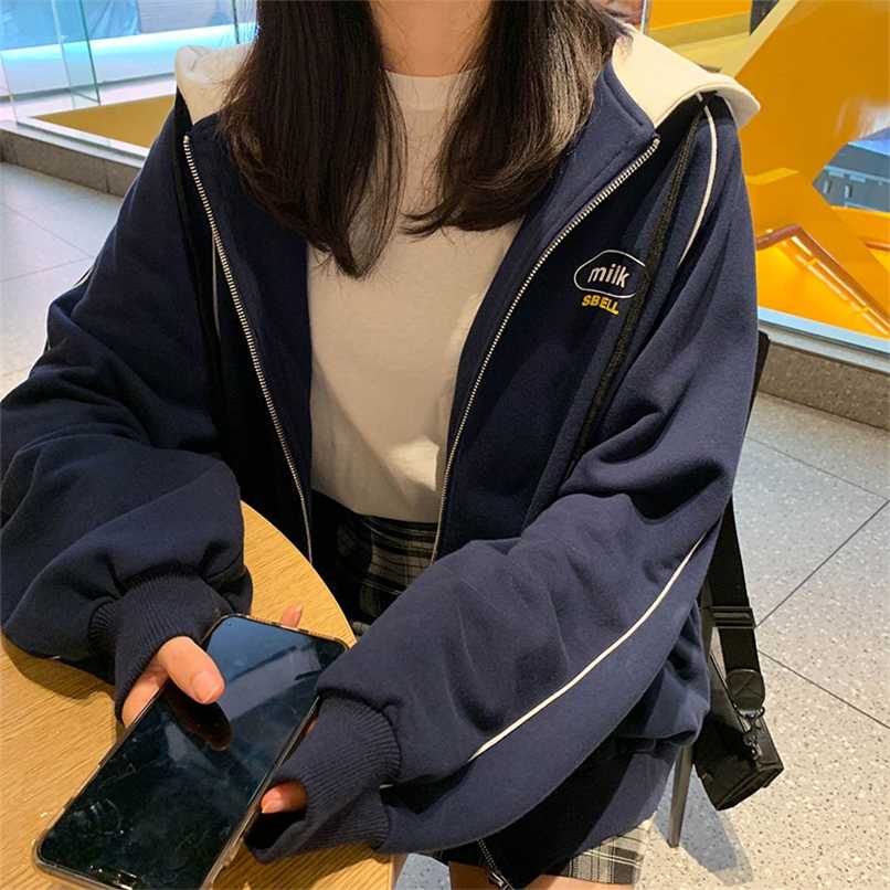 

2 colors korean ins style print Women Hooded Coats Warm Zipper loose Jacket Tops Female winter Coat womens (X1079) 211109, Beige